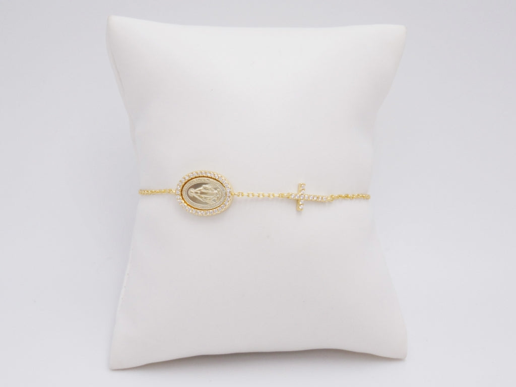 PULSERA CRUZ CON VIRGEN DORADA
